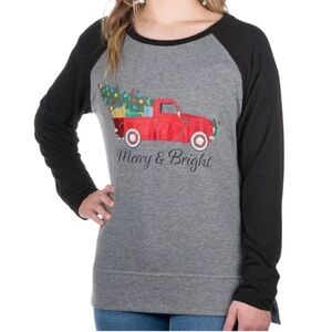 Modern Canvas XL Christmas Long Sleeve Tee “Merry & Bright” Heather Gray/Black